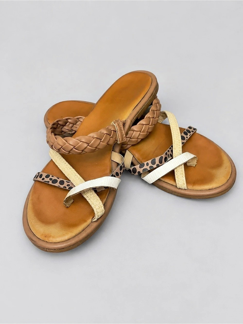 Braided Strap Sandals in Brown & White